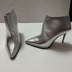 Karl Lagerfeld - Silver Stiletto Ankle Boots with Pearl Detailing - Size 5.5